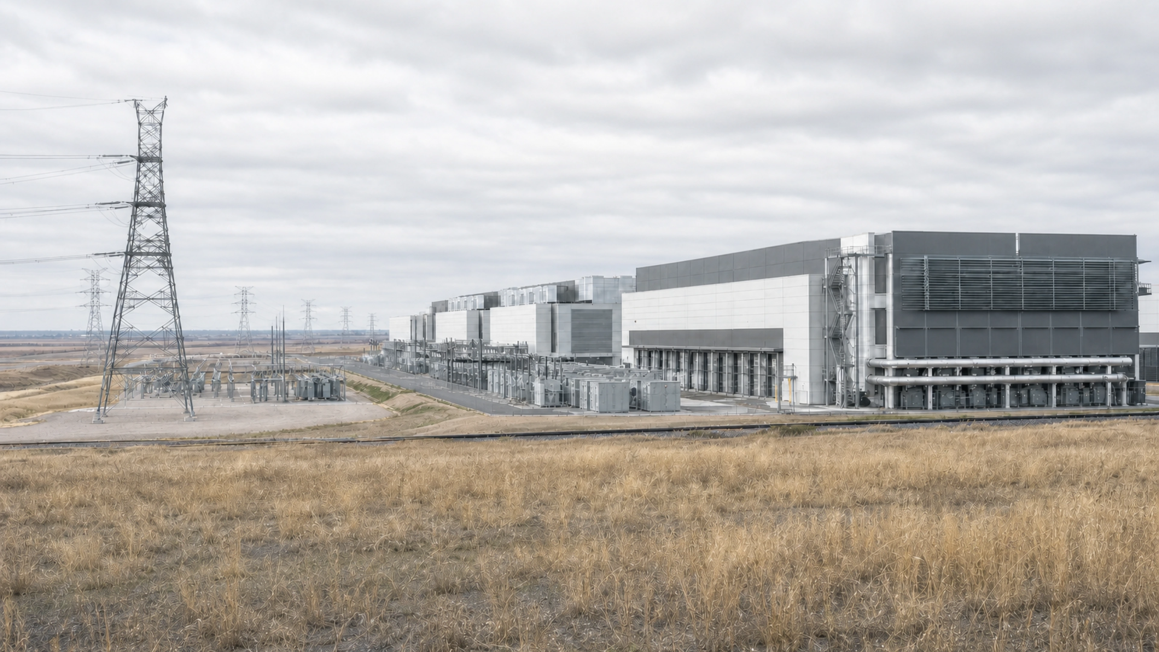 Data center campus beside a substation and high-voltage transmission lines