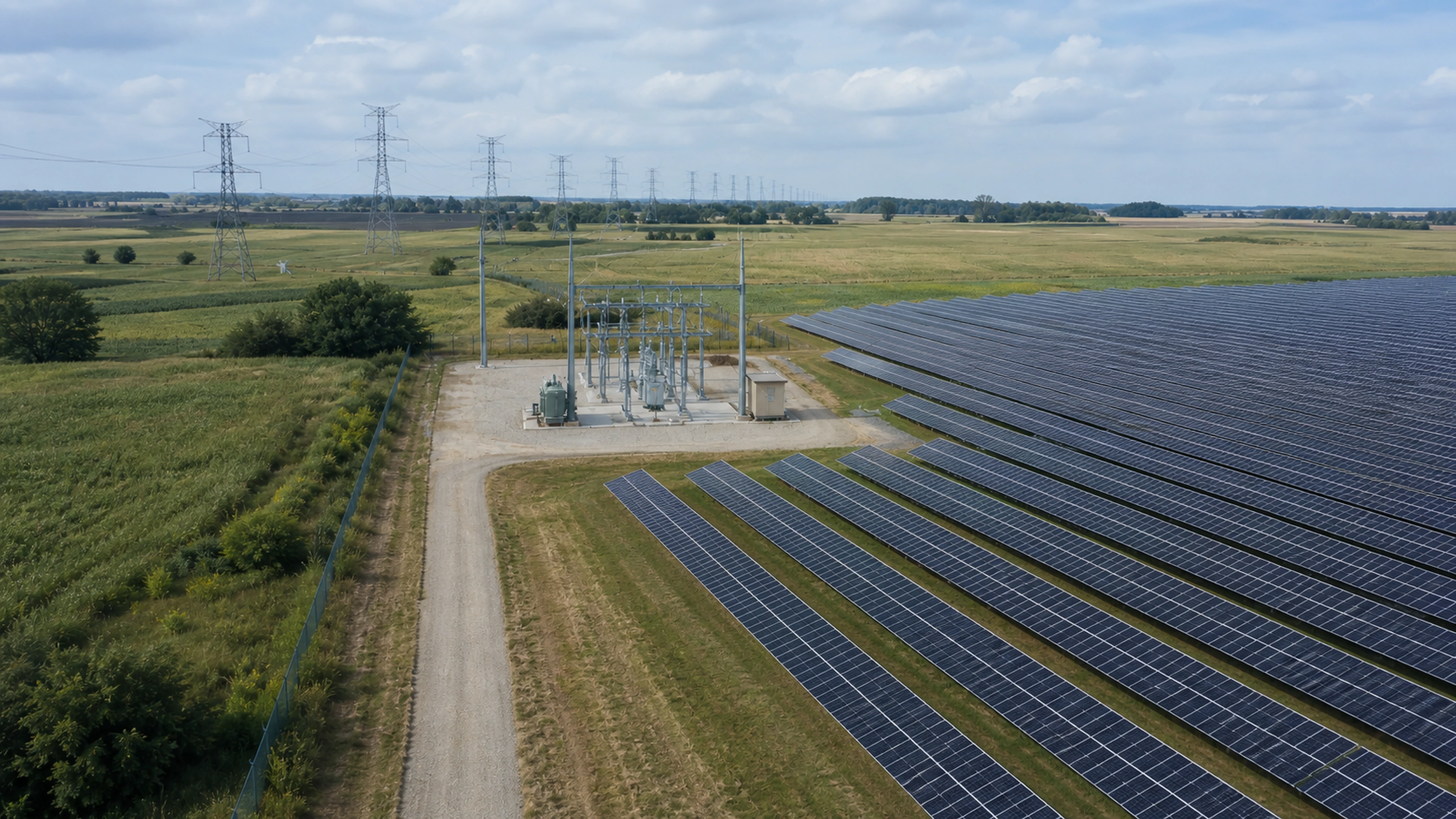 Solar array connected to a substation across open Midwestern farmland